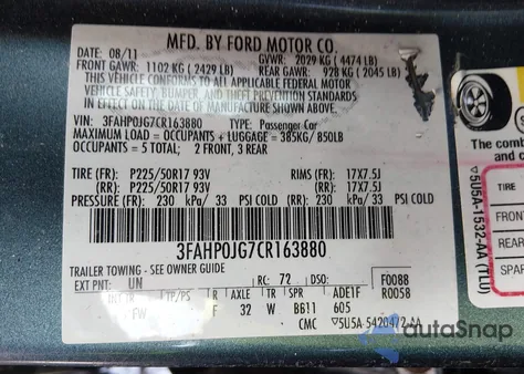 2012 Ford Fusion Sel z USA, uszkodzony, nr VIN 3FAHP0JG7CR163880